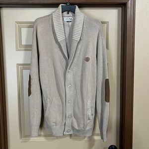 5XL.Button up knit Cardigan.Cream w/  brown elbow patches.  100% Cotton.